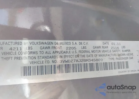 2011 Volkswagen Jetta 2.5L Se из США, поврежденный, VIN 3VWDZ7AJ2BM345809